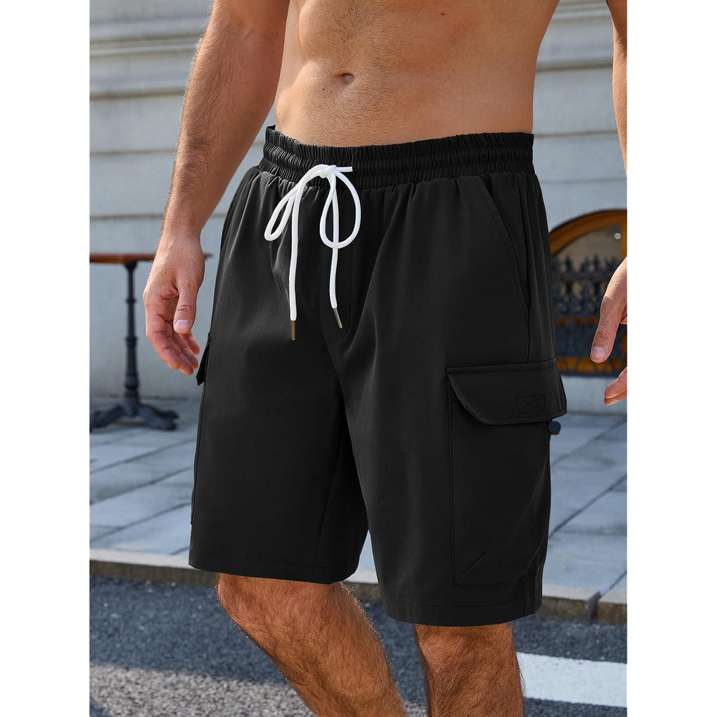 Runcati Mens Cargo Shorts Elastic Waist Drawstring Casual Work Shorts Summer Hiking Outdoor Shorts With 4 Pockets
