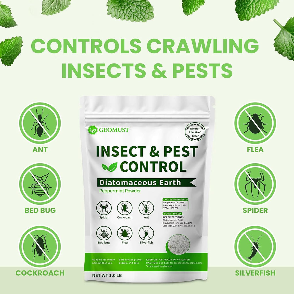 Diatomaceous Earth Food Grade And Peppermint Oil Insect Killer, Natural Crawling Pest Control For Home Garden, Kills Ants, Roaches, Fleas, Bed Bugs Silverfish, Indoor Outdoor Use, 1 Lb
