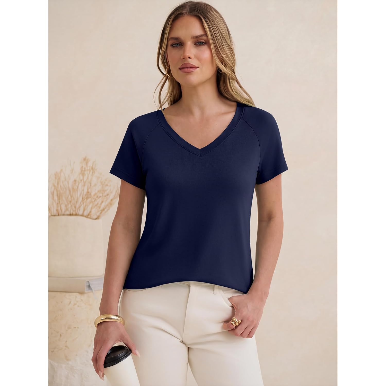 ANRABESS Womens Tops Short Sleeve V Neck Shirts Summer Basic Tee Trendy Cute Tshirts 2026 Spring Casual Outfits