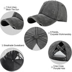 Enwokran Women Ponytail Hat Baseball Cap, Adjustable Criss Cross Messy Buns Ponycaps High Bun Cotton Distressed Hats Black