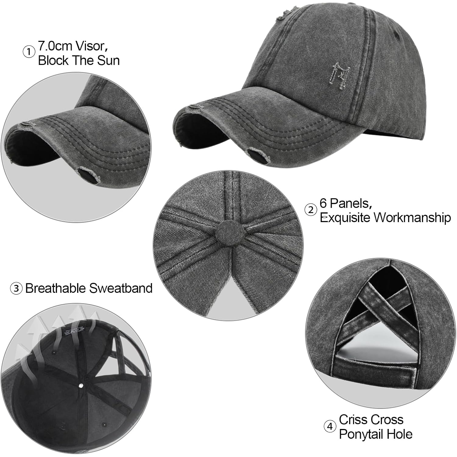 Enwokran Women Ponytail Hat Baseball Cap, Adjustable Criss Cross Messy Buns Ponycaps High Bun Cotton Distressed Hats Black