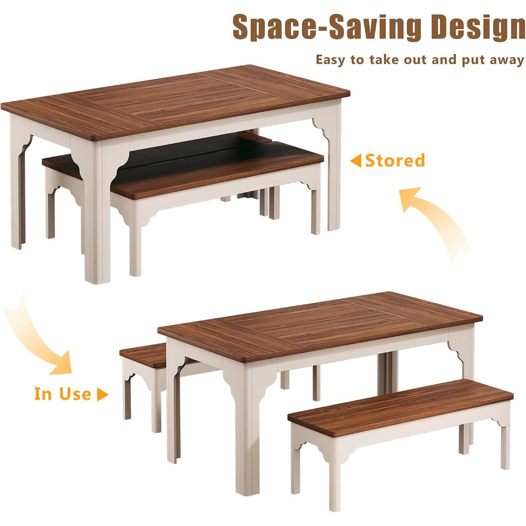 63" Farmhouse Dining Table Set For 4-6, Kitchen Table With 2 Benches, Space Saving 3-Piece Rectangle Wooden Dinette Table Set For Dining Room, Breakfast Nook, Small Space, Brown & White