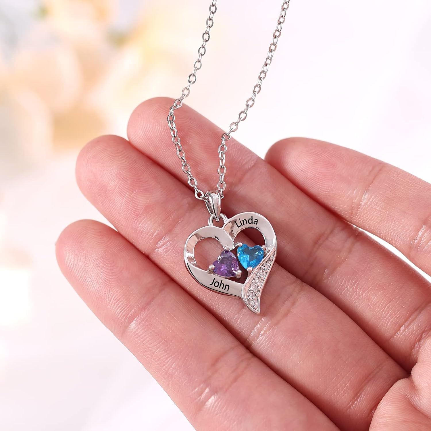 Lam Hub Fong Personalized Birthstone Necklace for Mom - Custom Name Necklace with Heart Pendant - Sterling Silver Family Jewelry Gifts for Women, Grandma, Daughter - Mothers Day Birthday Gifts