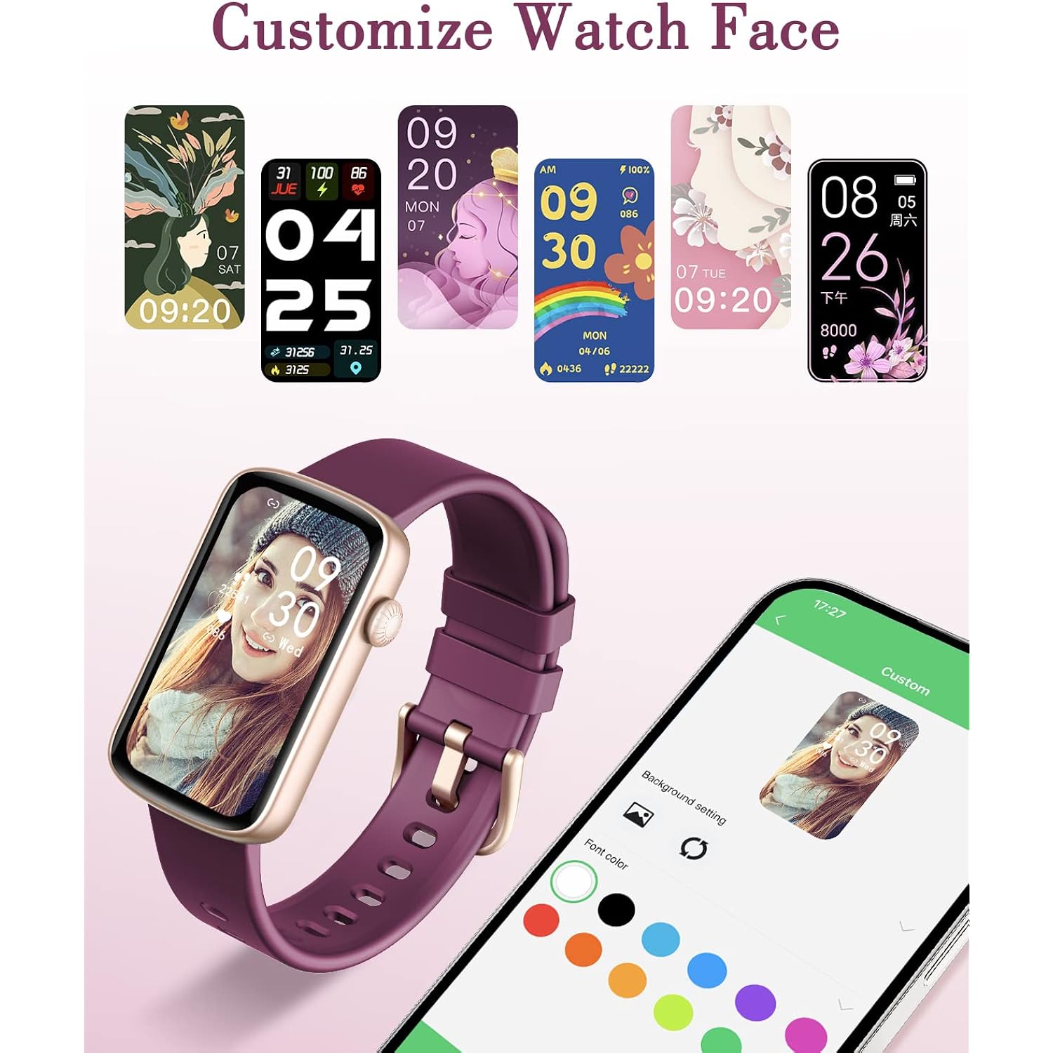 Fitness Watches for Women, LYNN2 Fitness Tracker with Heart Rate Monitor Blood Oxygen/Sleep Tracker Pedometer, Slim Step Tracker Watch for iOS/Android Phones Waterproof (Purple)