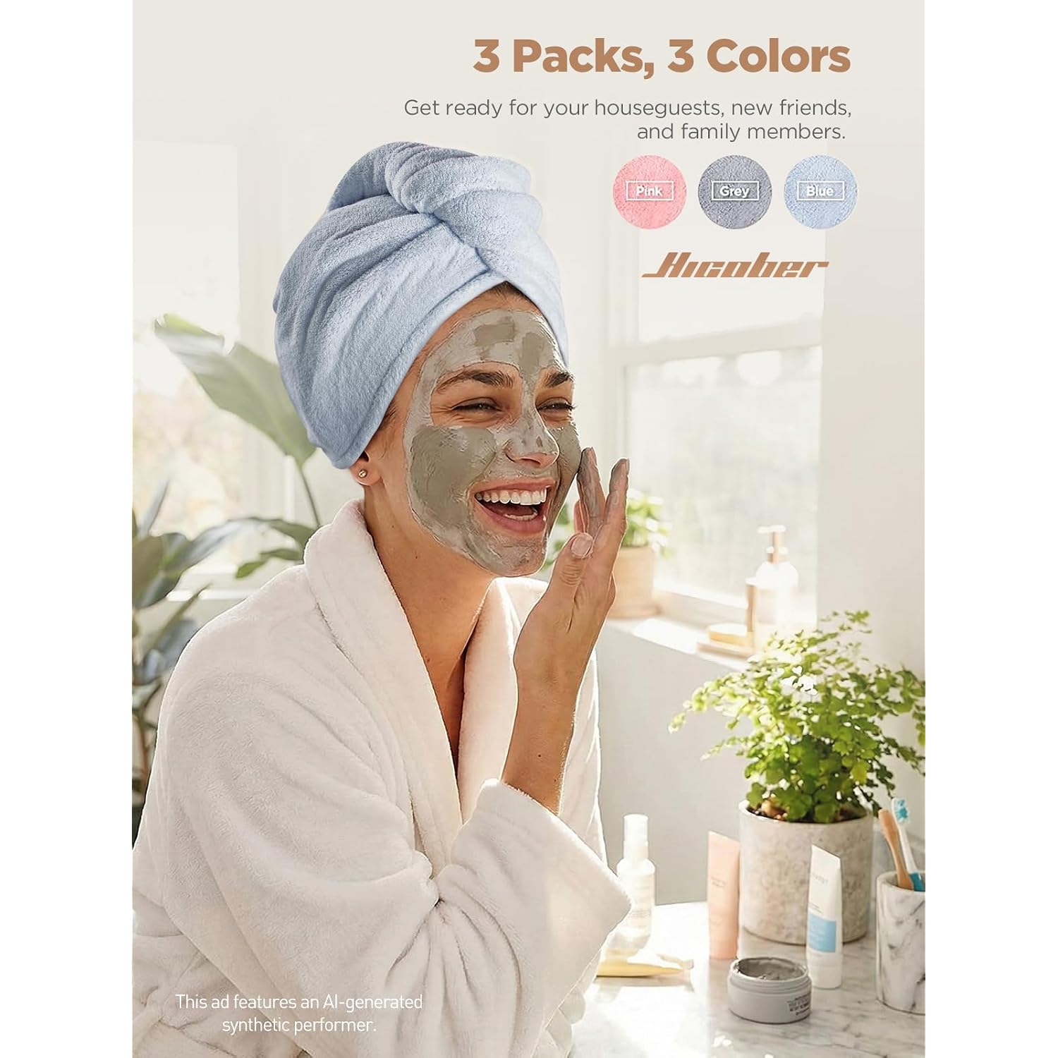 Hicober Microfiber Hair Towel Wrap, Fast Drying Hair Towels For Women, Soft Lightweight Quick Dry Turban For Curly & Long Hair–3 Pack(Blue/Grey/Pink)