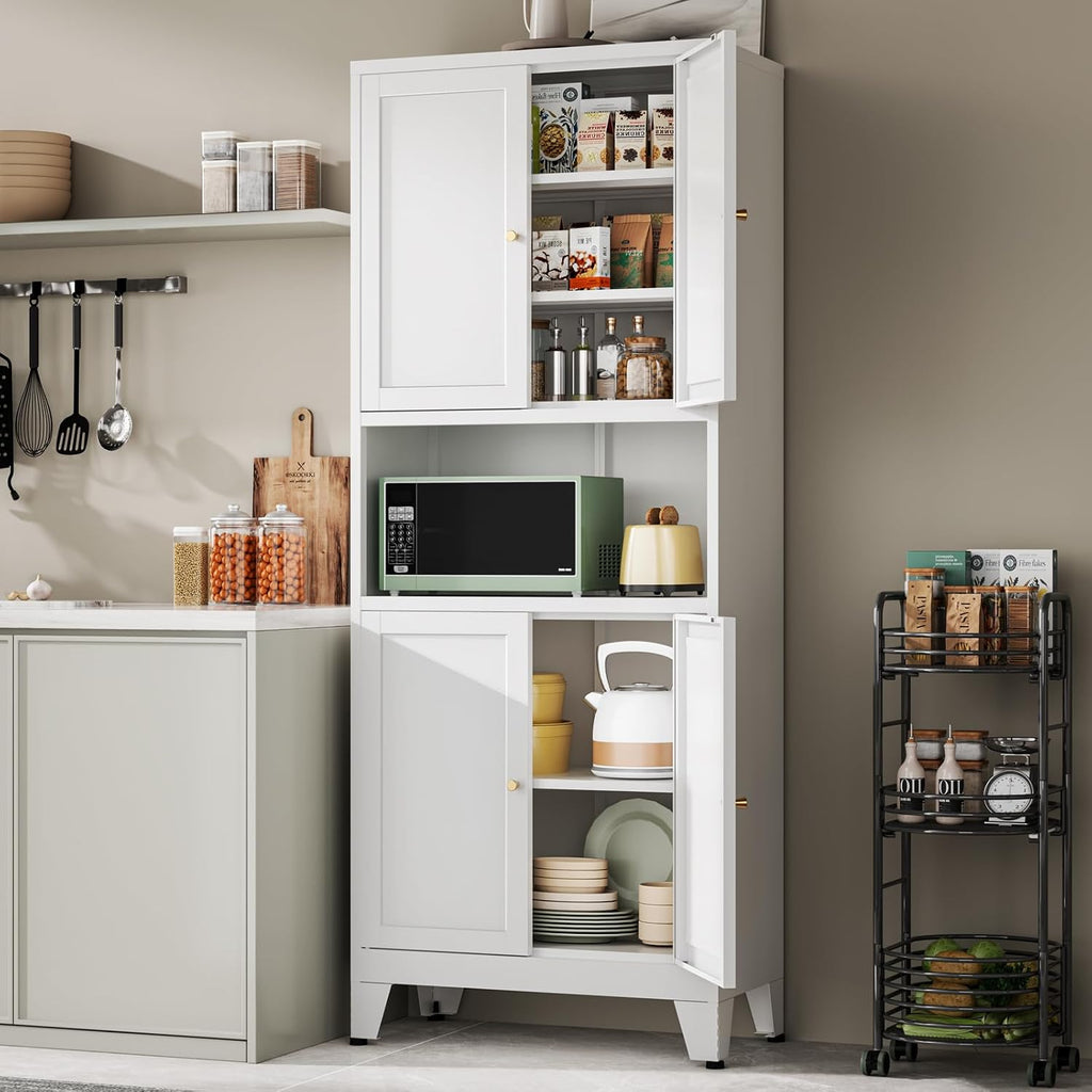 69" Tall Metal Kitchen Pantry Cabinet With Microwave Shelf, 4 Doors & 3 Adjustable Shelves, Heavy Duty Food Storage Cabinet With Anti-Tip Design For Kitchen,Dining Room (1Pc,White)