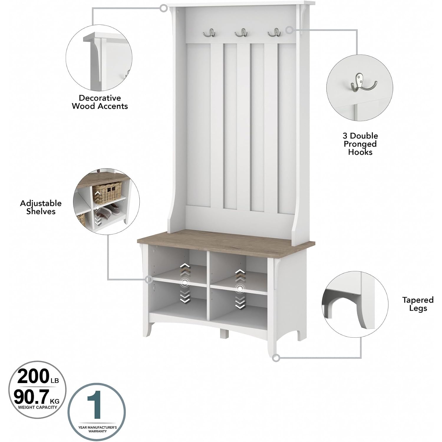 Bush Home Salinas Hall Tree With Shoe Storage Bench In Shiplap Gray And Pure White, Multi-Purpose Home Organizer, Entryway Solution With Seating And Hooks
