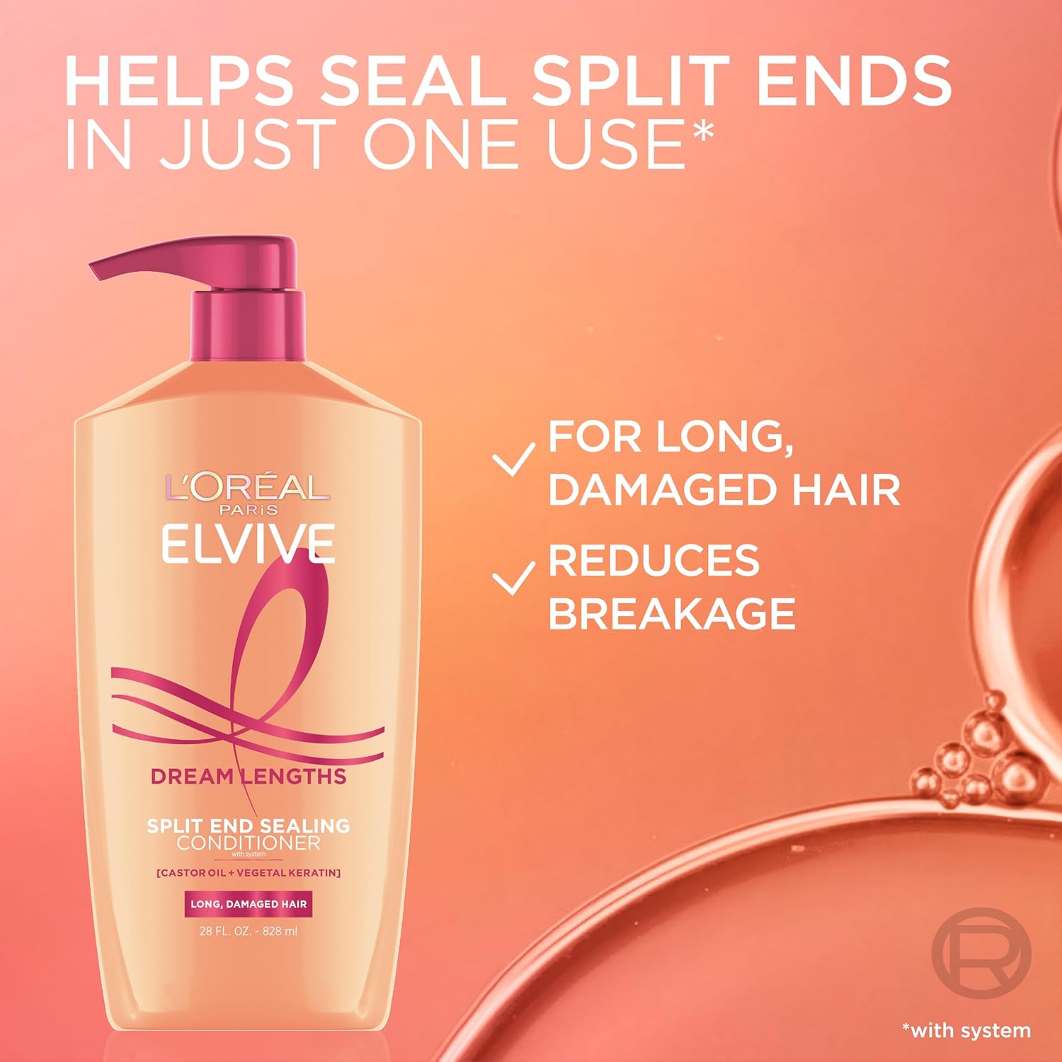 L'Oreal Paris Elvive Dream Lengths Super Detangling Conditioner With Fine Castor Oil And Vitamins B3 And B5 For Long, Damaged Hair, Instantly Detangles To Reduce Breakage With System, 28 Fl Ounce