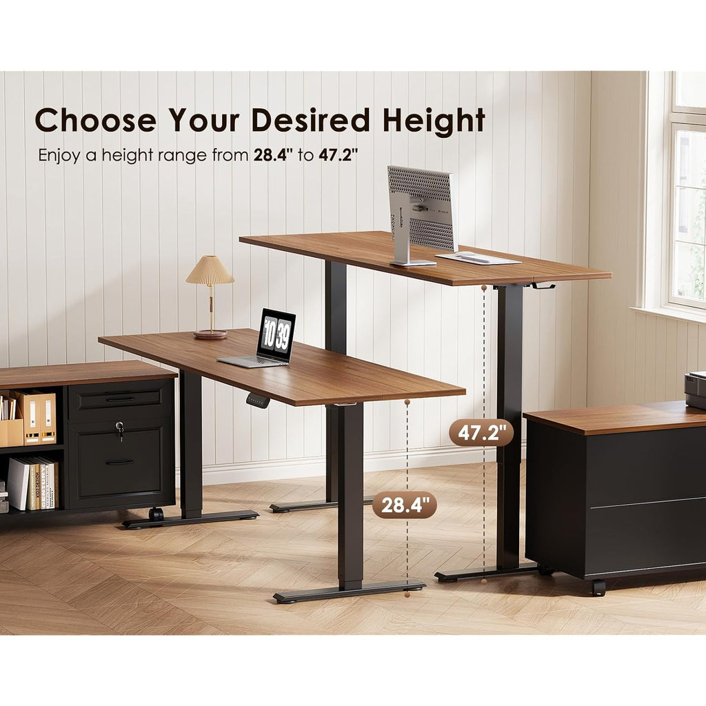 55 Inch L Shaped Electric Standing Desk With Drawers & File Cabinet Sets, Executive Sit Stand Desk, Height Adjustable Computer Desk For Home Office, Writing, Workstation, Walnut+Black