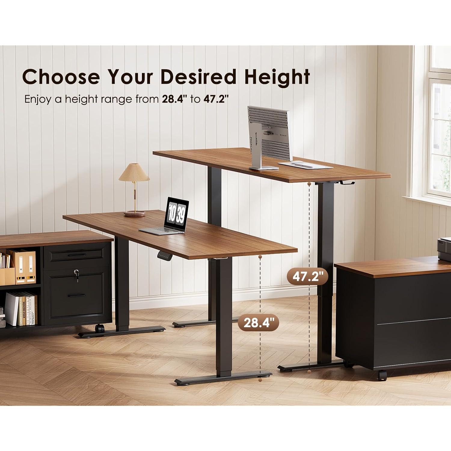 55 Inch L Shaped Electric Standing Desk With Drawers & File Cabinet Sets, Executive Sit Stand Desk, Height Adjustable Computer Desk For Home Office, Writing, Workstation, Walnut+Black