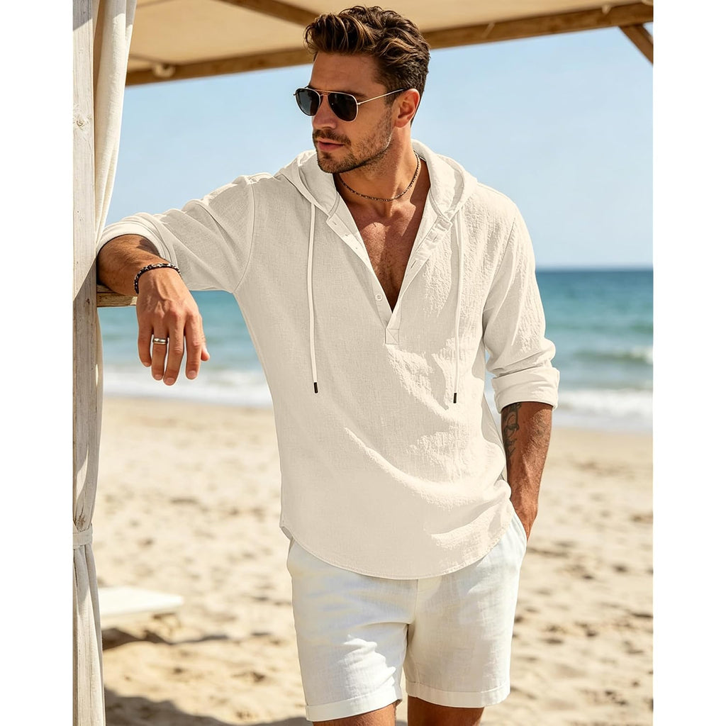 Men'S Cotton Linen Hoodies Casual Hooded Long Sleeve Button Down Shirts Lightweight Casual Hawaiian Beach Sweatshirts