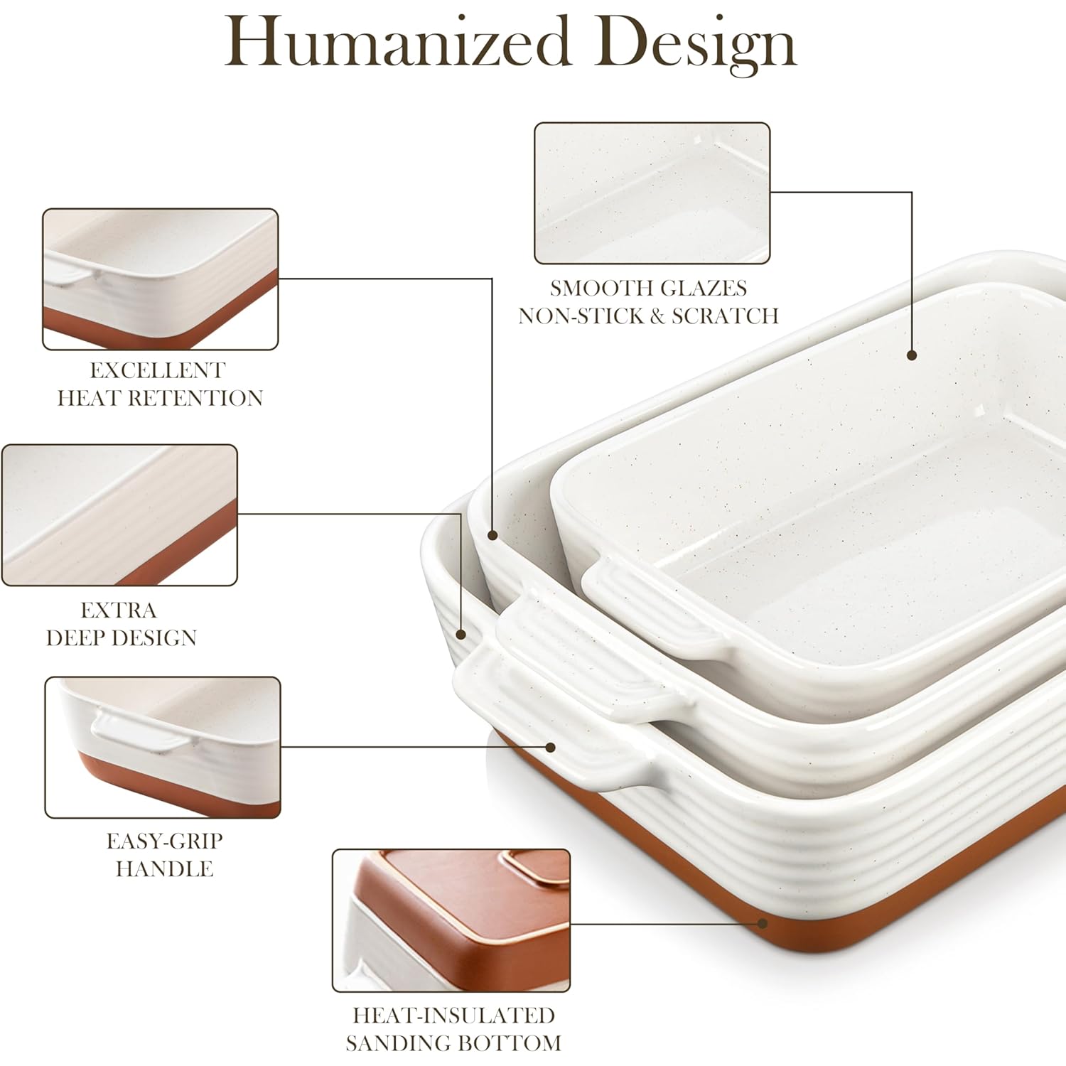 MALACASA Casserole Dishes for Oven, Ceramic Baking Dishes Set of 3, Baking Pan Casserole Dish Set, Rectangular Lasagna Pan Deep with Handles for Baking, Khaki White (14.5''/13''/10.5''), Series TARA