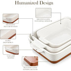 MALACASA Casserole Dishes for Oven, Ceramic Baking Dishes Set of 3, Baking Pan Casserole Dish Set, Rectangular Lasagna Pan Deep with Handles for Baking, Khaki White (14.5''/13''/10.5''), Series TARA