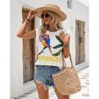 Womens Graphic Tees Summer Tops for Women Letter Print T Shirts Crewneck Short Sleeve Tropical Vacation Outfits Boho