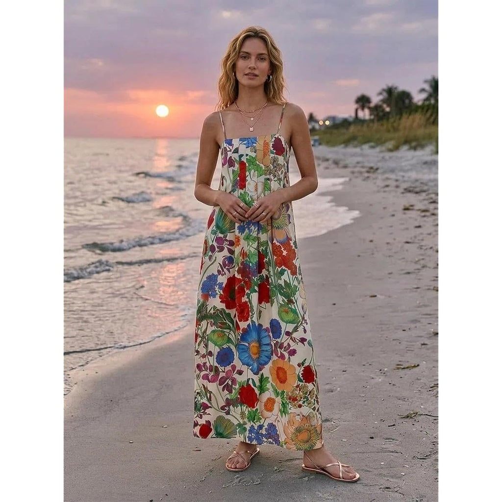 Abyovrt Women Boho Floral Maxi Dress Backless Spaghetti Strap A-Line Flowy Summer Vacation Long Dress