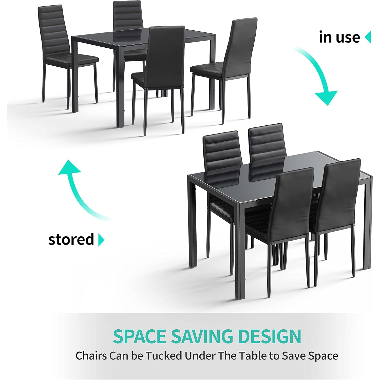 Gizoon 5 Piece Glass Dining Table Set, Kitchen And Chairs For 4, Pu Leather Modern Room Sets For Home, Kitchen, Living Room | Pu Leather Modern Room Sets,Small Dining Table Sets,Space Saving Table And Chairs Set For Home, Kitchen, Living Room