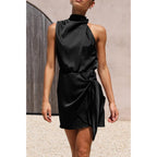 Prettygarden Women'S Short Formal Satin Dress Summer Sleeveless Mock Neck Tie Waist Cocktail Party Dresses