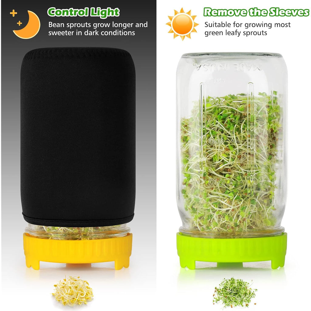Seed Sprouting Kit, 2 Large Wide Mouth Mason Jars With Sprout Lids, Blackout Sleeves, Drain Tray, Stainless Steel Stand, Sprouts Growing Kit For Bean, Broccoli, Alfalfa (Yellow+Green)