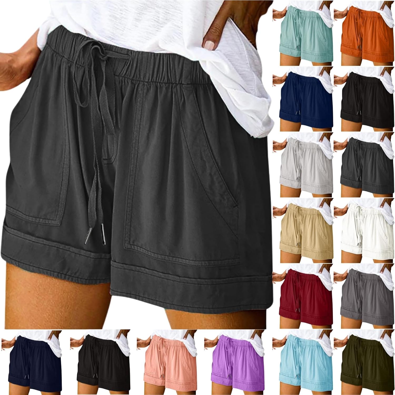 Womens Shorts Casual with Pockets Drawstring Elastic Waist Cotton Plus Size Beach Vacation Trendy 2025 Summer Clothes