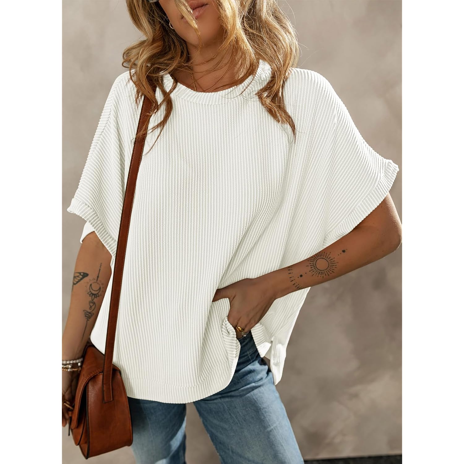 Dokotoo Women'S Casual Oversized Short Sleeve Solid Color Loose Texture Knit Tunic Tops Blouses