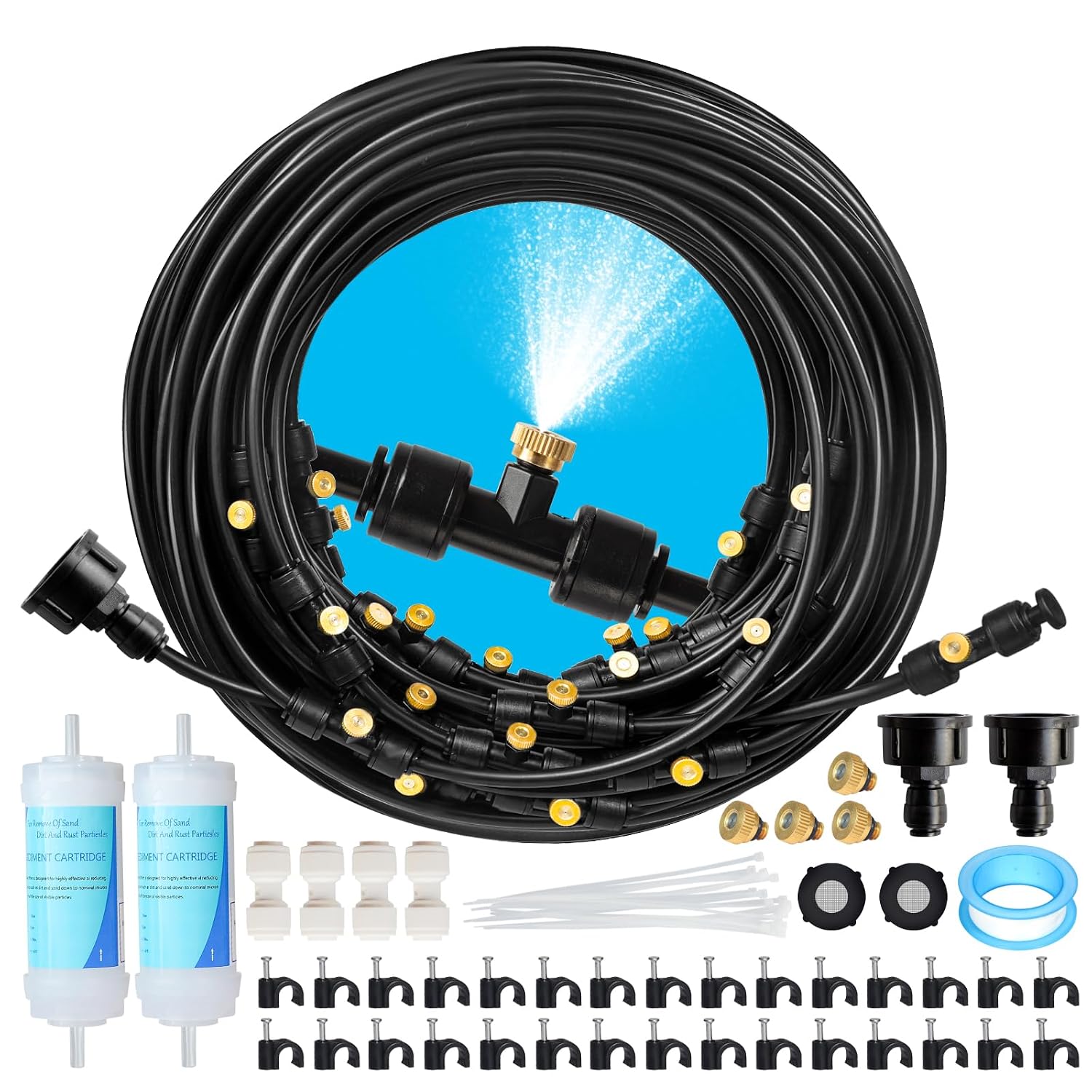Maotong 100Ft Mister For Outside Patio Misting Cooling System, 100Ft (30M) Misting Line+32 Brass Mist Nozzles+Water Filter, Outdoor Mister System For Garden Greenhouse Trampoline Waterparke