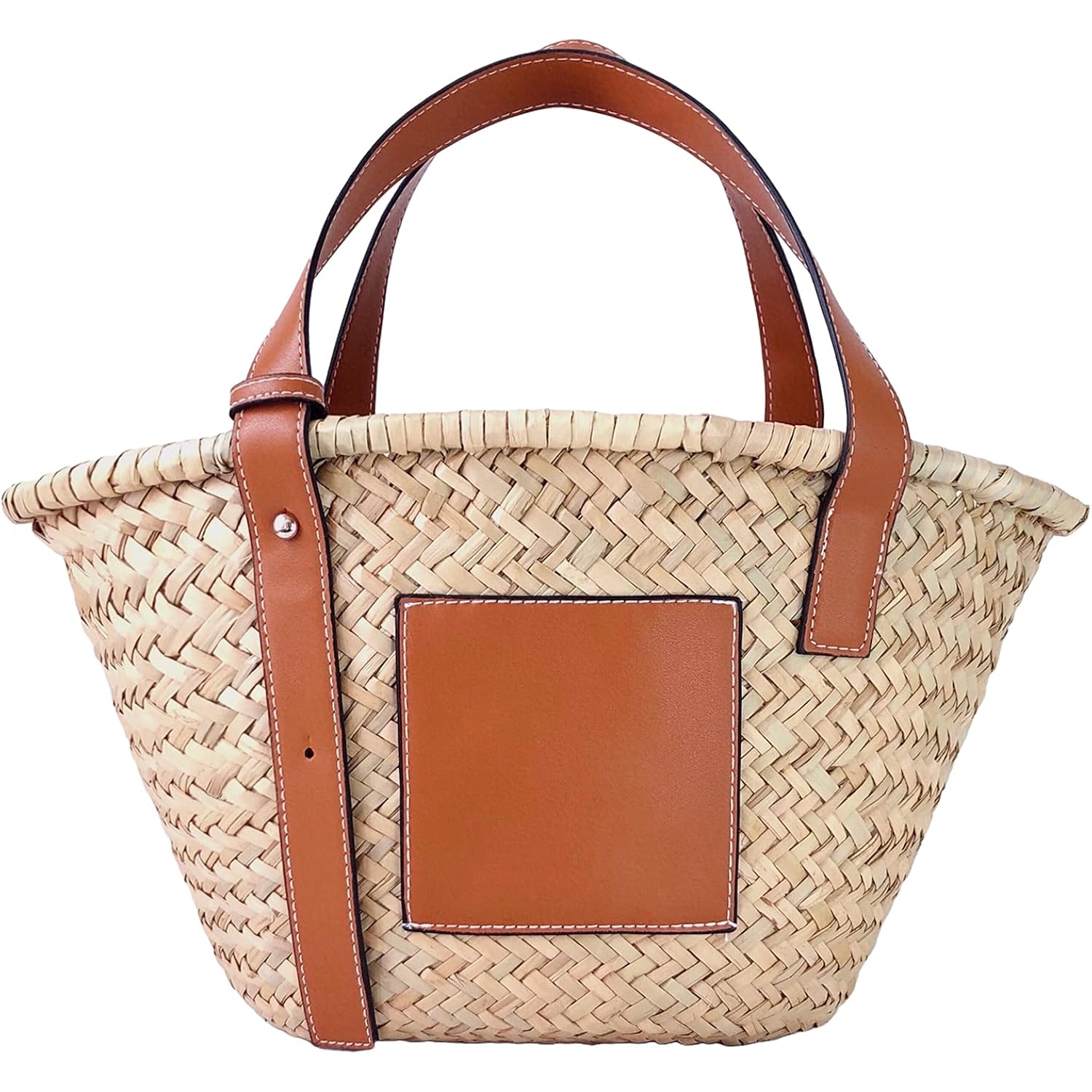 Straw Basket Tote Bag For Women Pu Leather Strap Hollow Woven Top Handle Straw Purses And Handbags