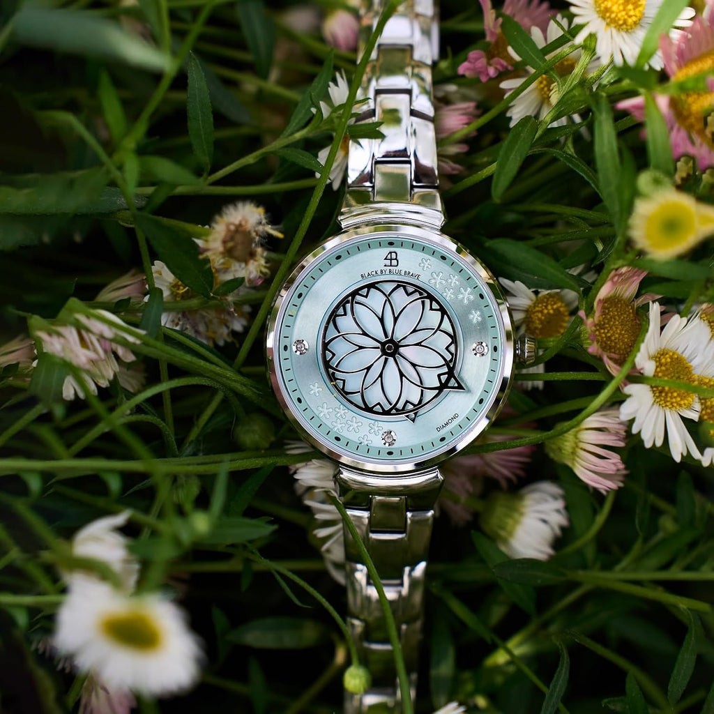 Black By Blue Brave Cherry Blossom Watch Women—Diamonds, Mother Of Pearl | Sakura Petal Hand, Silver Bracelet—Elegant Floral Watch For Women, Gift, Formal Occasions