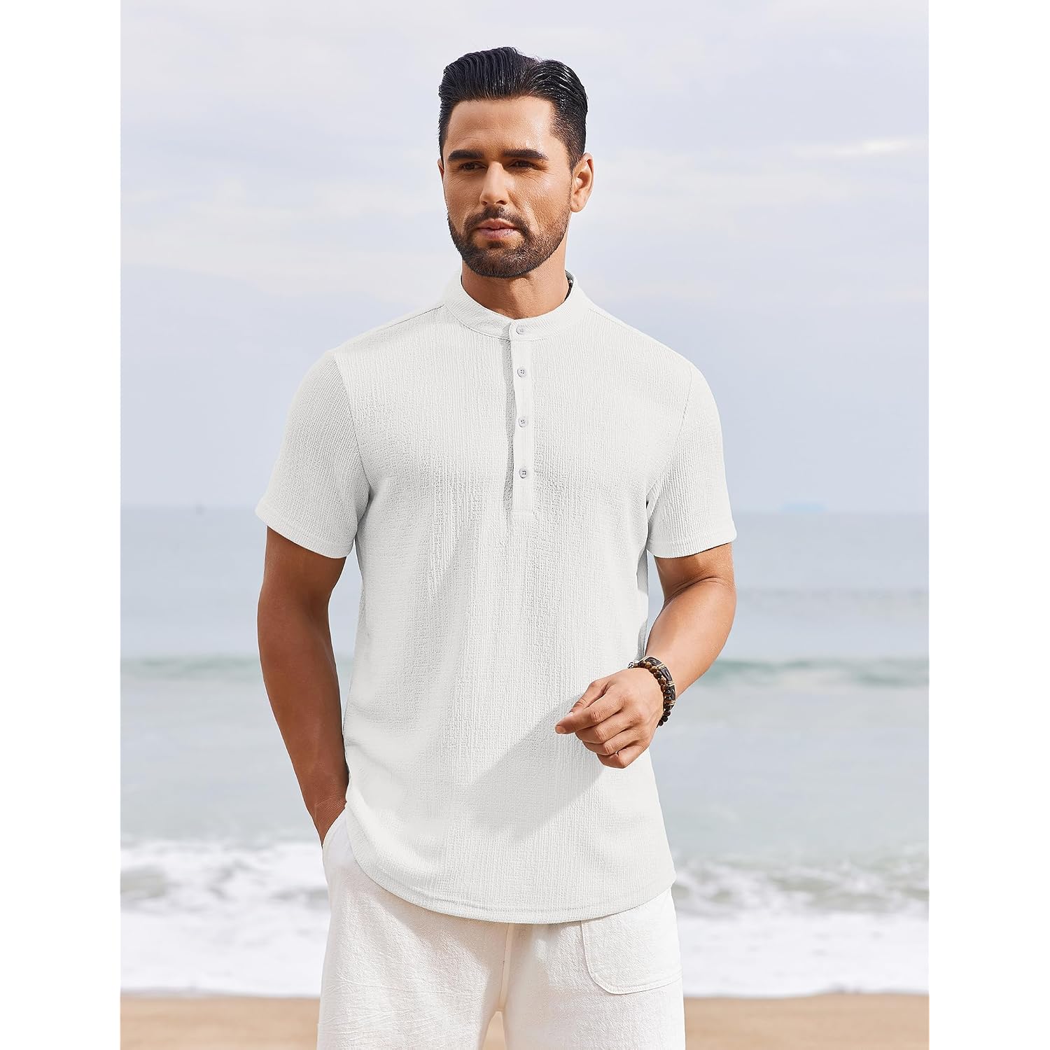 Coofandy Men'S Henley Shirt Short Sleeve Stand Collar Summer Casual Beach Hippie T-Shirts