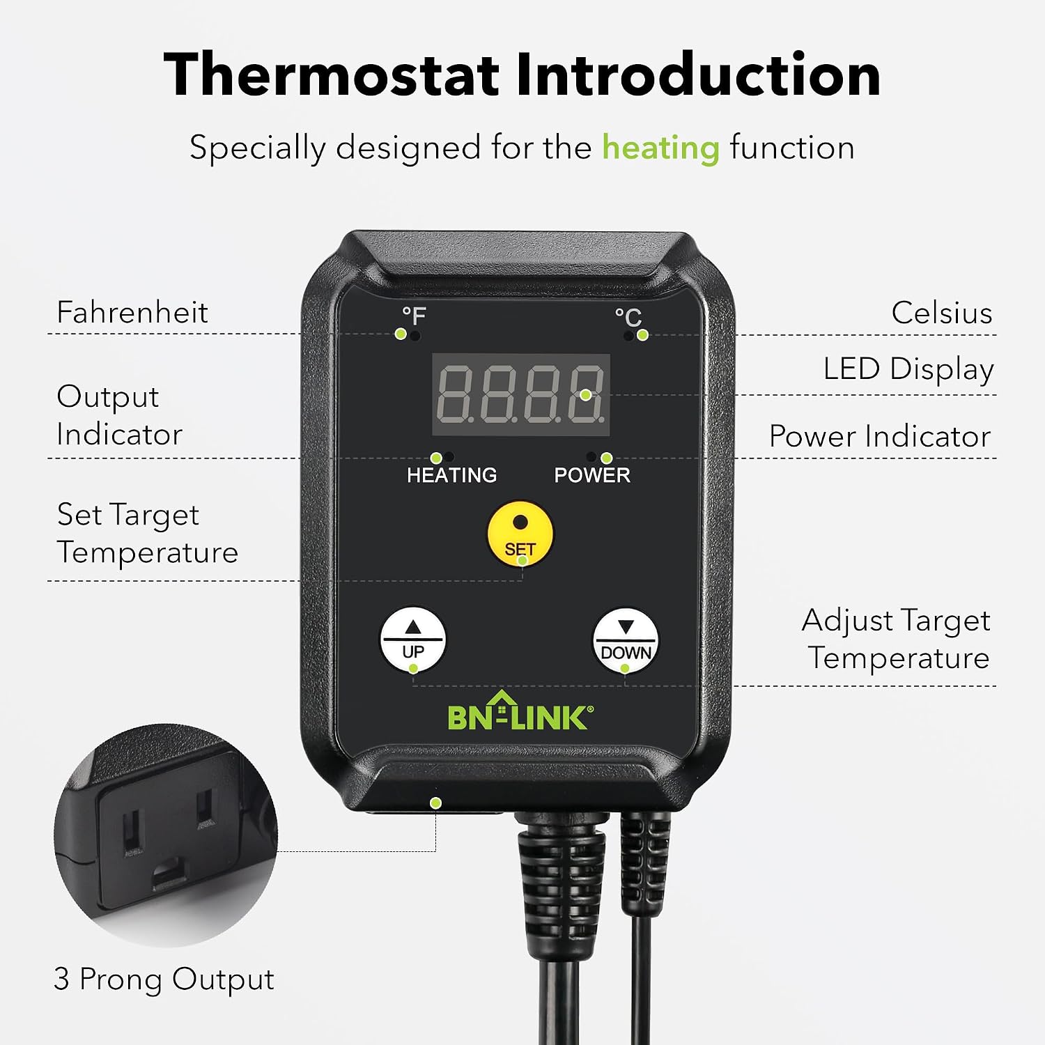 Bn-Link Reptile Thermostat Temperature Controller, Digital Heat Mat Thermostat For Seed Starting, Plant Germination, Greenhouse, Incubator, Brooder, Brewing, Reptiles Tank,40-108°F, 1000W, Etl Listed