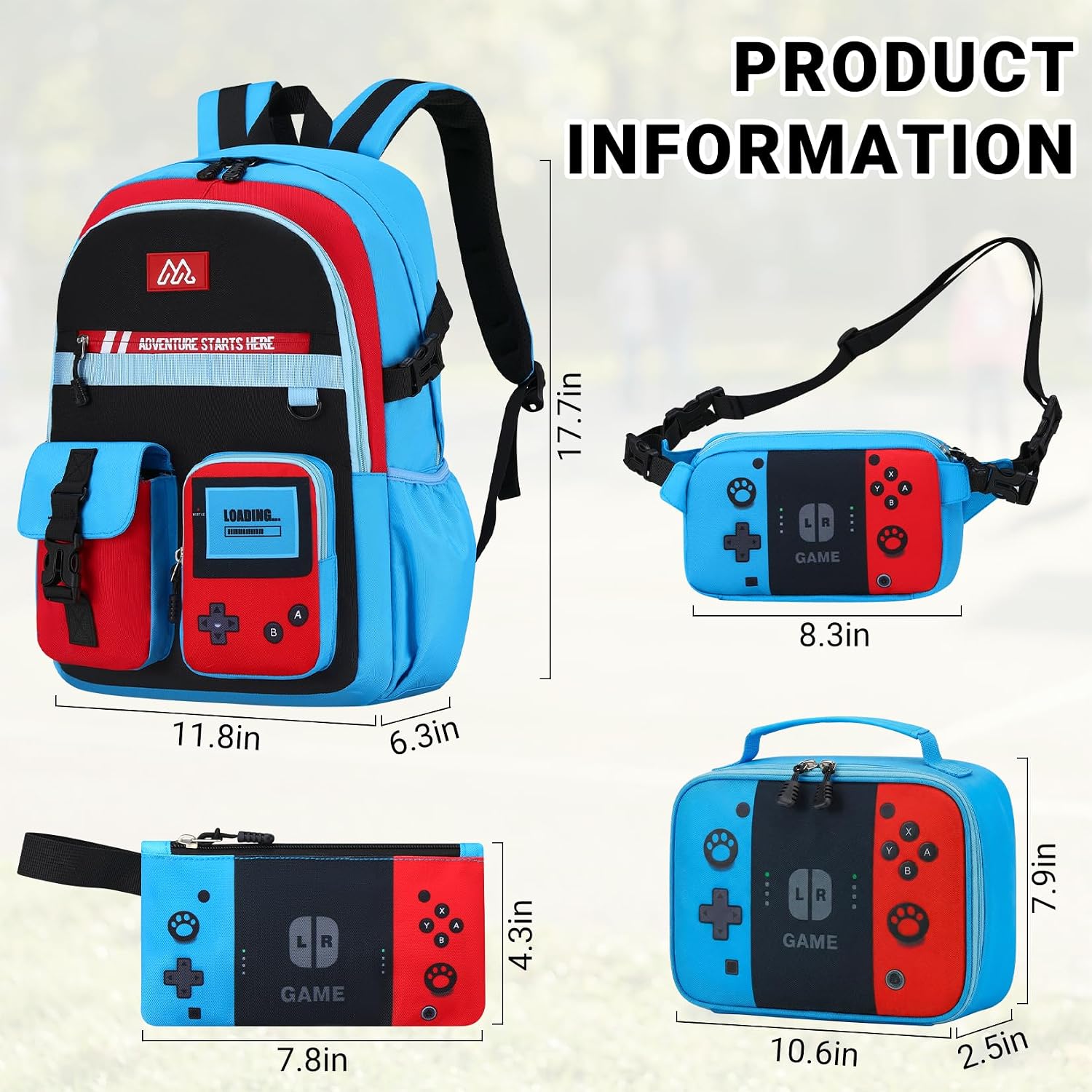 School Backpack For Boys - 4Pcs Gamer Boys Backpack With Lunch Box Set For Elementary Middle School - Students Bag For Ages 6-18,18″ Video Game Bookbag Travel Back Pack
