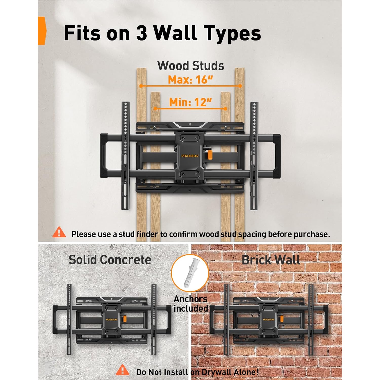 Perlegear Full Motion Tv Wall Mount For 42–86 Inch Tvs Up To 132 Lbs | 30% Thicker Heavy-Duty Articulating Arm, Tool-Free Tilt, Swivel, Extend, Level, Fits 16" Studs, Max Vesa 600X400Mm, Ul Listed