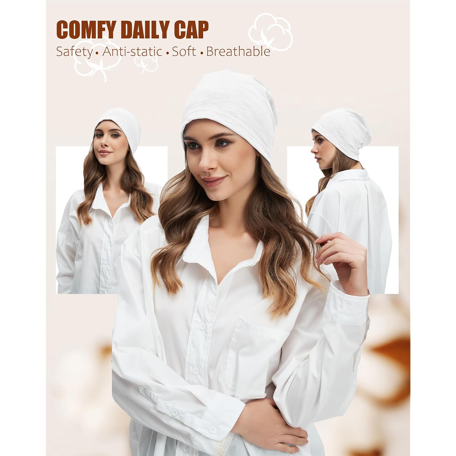100% Cotton Lightweight Summer Hats for Women Men, Ultra Thin Slouchy Beanie Hat Oversizes Beanies Chemo Cap 2pcs White