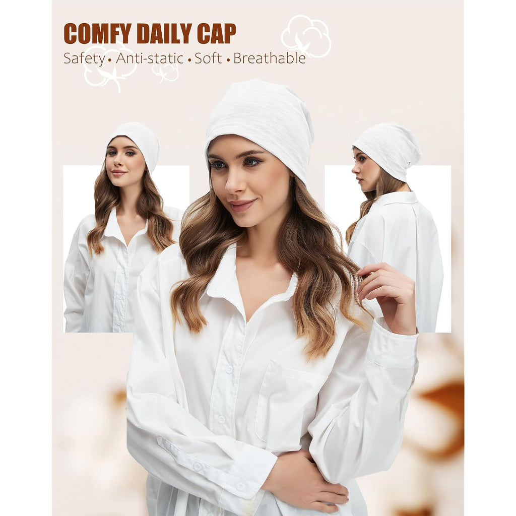 100% Cotton Lightweight Summer Hats for Women Men, Ultra Thin Slouchy Beanie Hat Oversizes Beanies Chemo Cap 2pcs White