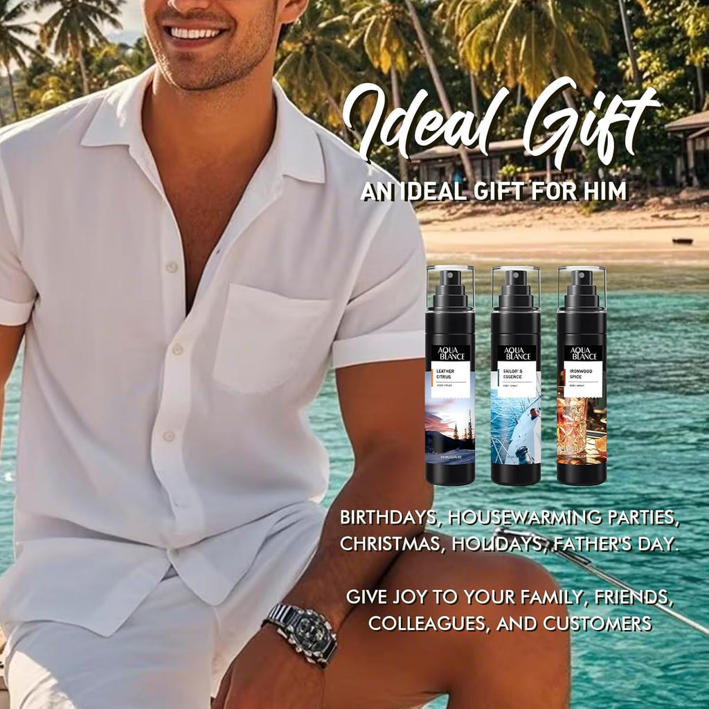 AQUA BLANCE Body Spray for Men, Mens Body Refreshing Spray, Long Lasting, Pack of 3, Each 3.4 Fl Oz, Total 10.2 Fl Oz, Ironwood Spice, Sailor' s Essence, Leather Citrus