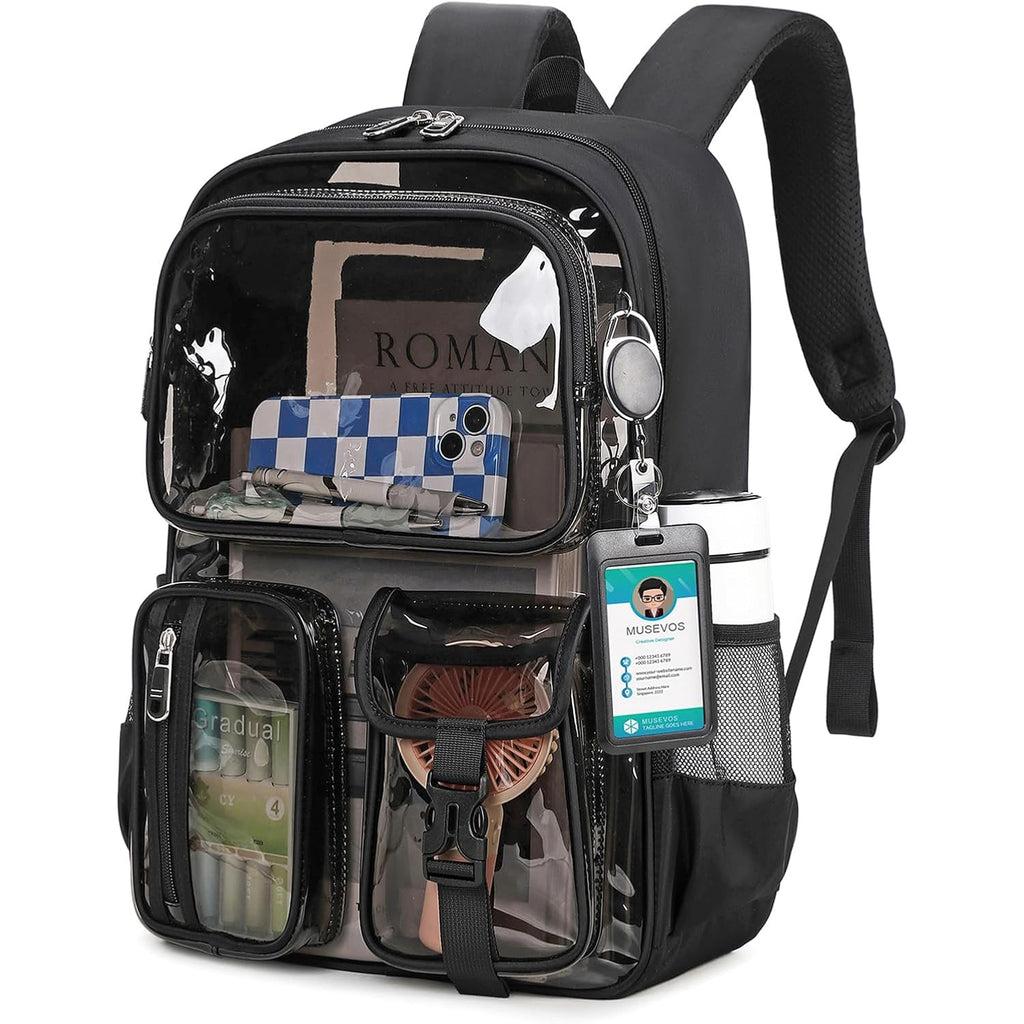 Musevos Clear Backpack For School, Heavy Duty Clear Bookbag For Girls Boys Transparent Backpack With Badge Holder, Semi-Black
