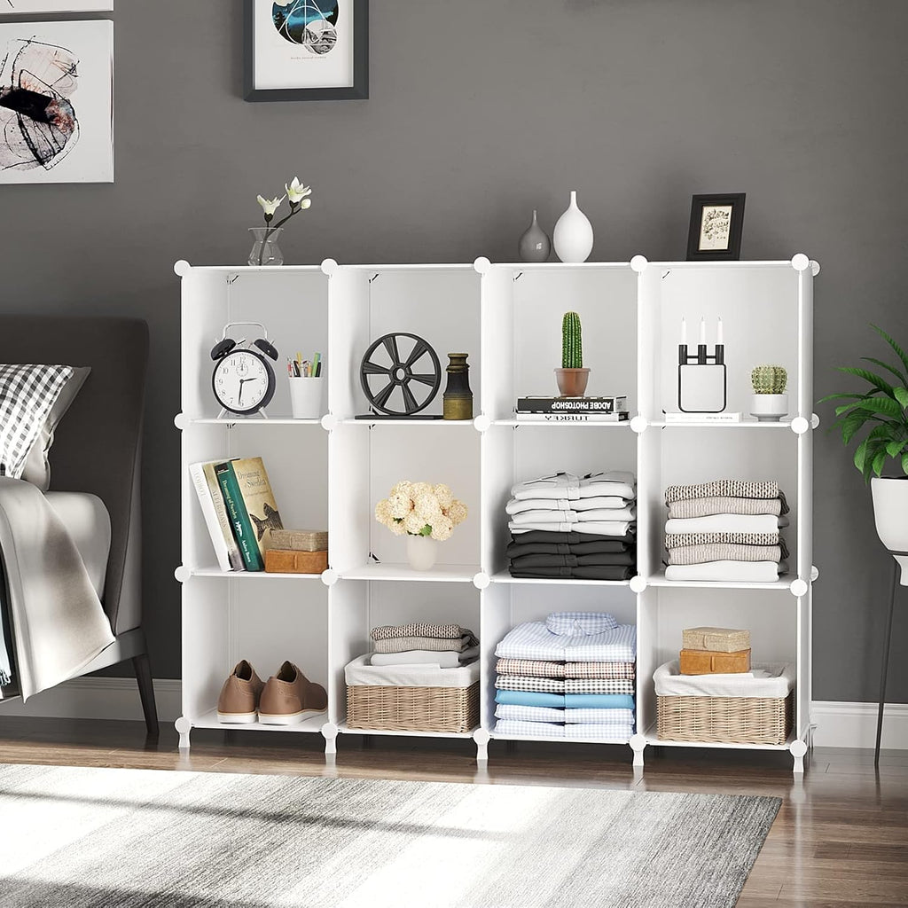 Awtatos Cube Storage Organizer Storage 12 Cube Bookshelf Diy Plastic Closet Clothes Storage Shelves With Wooden Mallet, Stackable Storage Solution For Home, Bedroom, White
