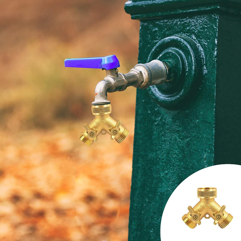 Hourleey Brass Garden Hose Splitter (2 Way), Solid Brass Hose Y Splitter 2 Valves With 2 Extra Rubber Washers (Brass)