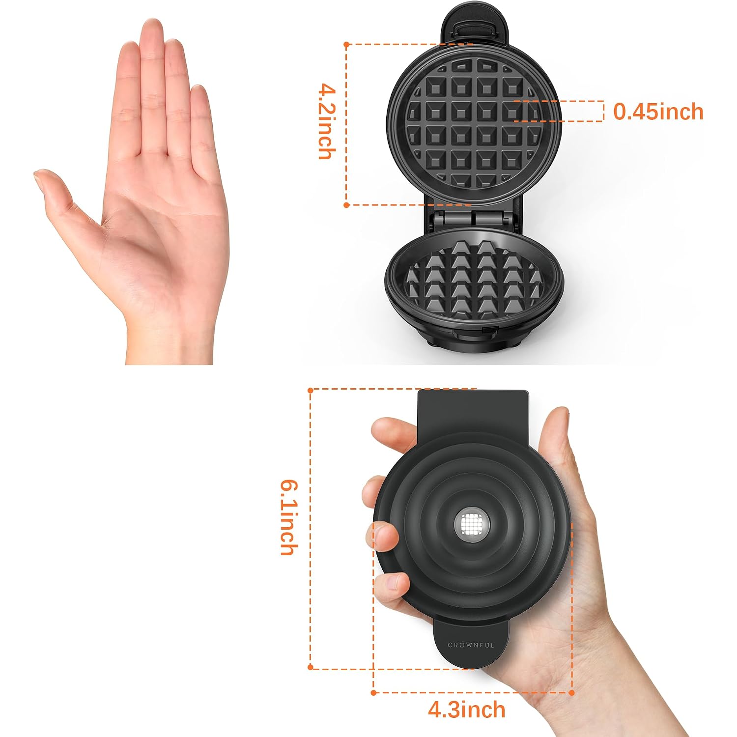 Crownful Mini Waffle Maker, 4" Chaffle Maker With Compact Design, Easy To Clean, Non-Stick Surface, Recipe Guide Included, Perfect For Breakfast, Dessert, Sandwich, Or Other Snacks