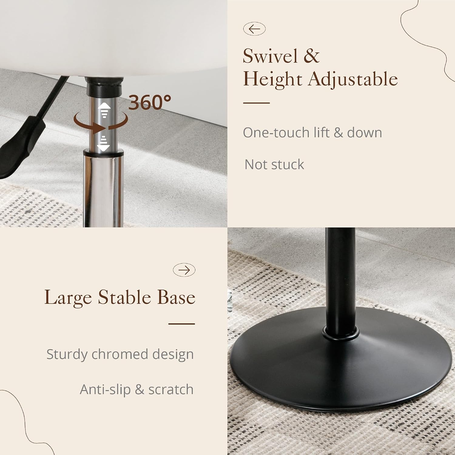 Lue Bona Adjustable Vanity Stool, 360 Swivel Chair For Makeup Room, White Faux Leather Stool For Bathroom & Living Room
