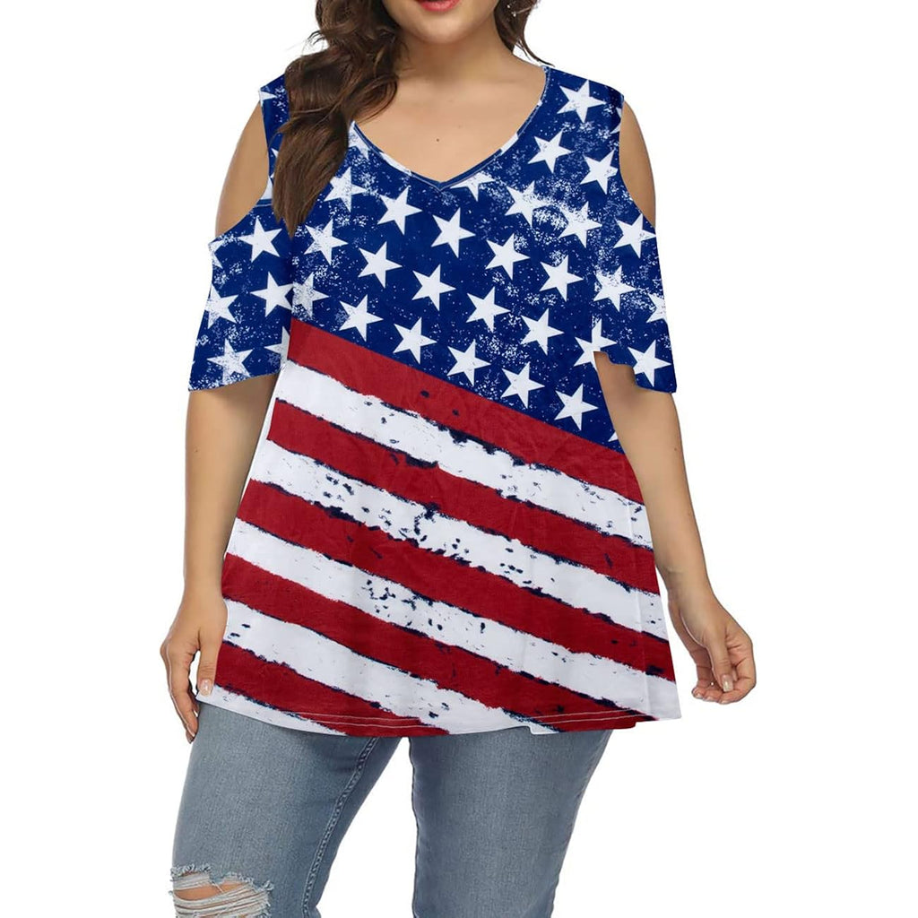 Plus Size American Flag Shirt Women 4th of July Tee Patriotic USA 250th Birthday Tunic Ruffle Sleeve Tops