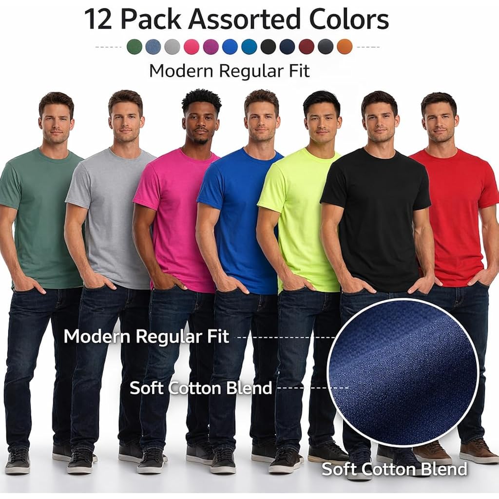 Socks'Nbulk Men'S Cotton Crew Neck Regular T-Shirts Bulk Short Sleeve Lightweight Tees Mix Colors