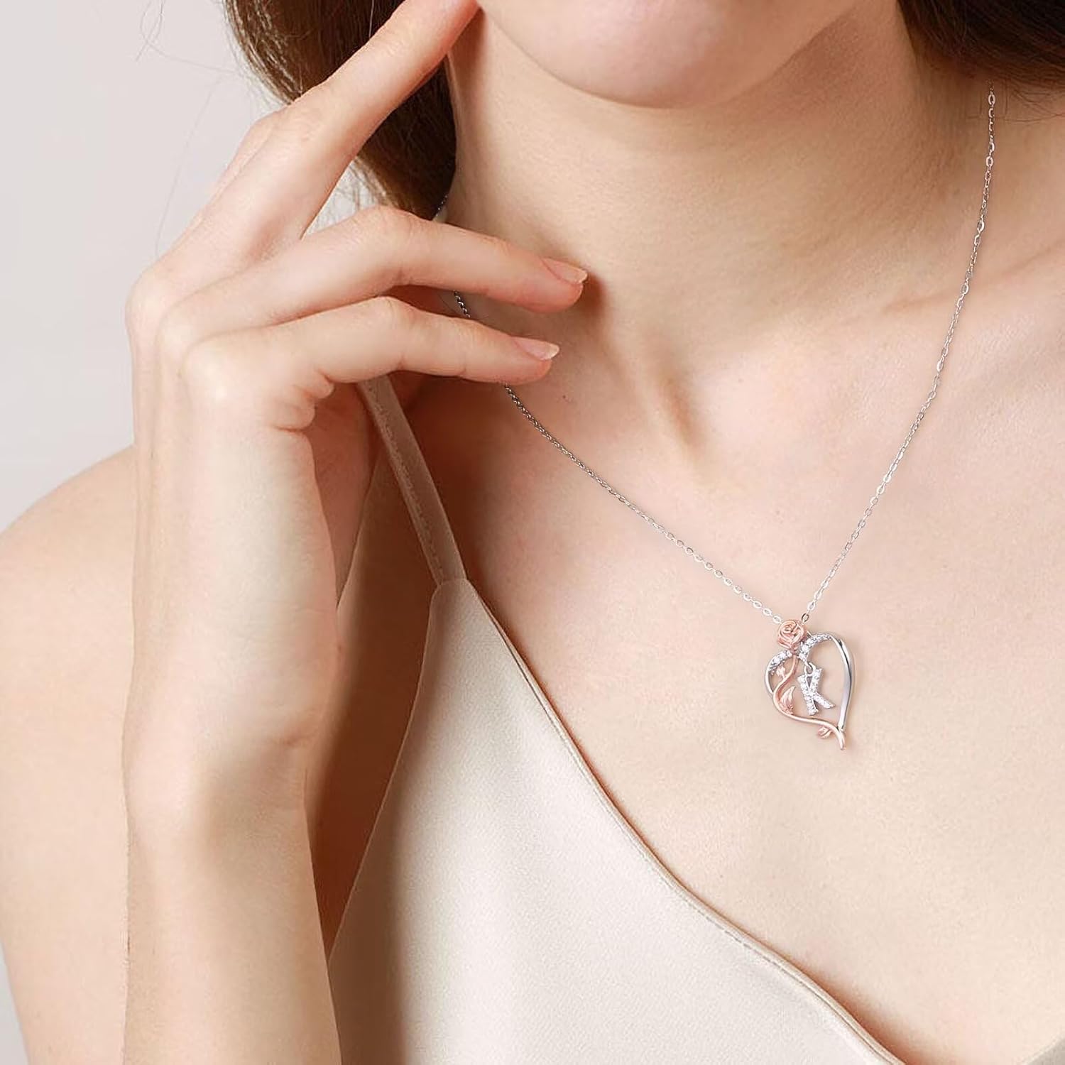 Iefil Mothers Day Gifts for Wife - 925 Sterling Silver Rose Heart Initial Necklace, Anniversary Birthday Gifts for Women, Jewelry Gift for Her Wife Girlfriend