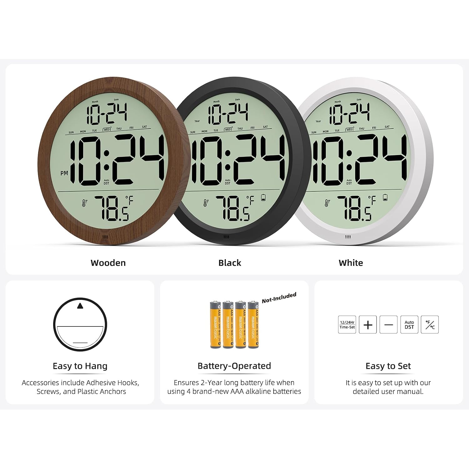 Digital Wall Clock Battery-Operated, 8 Inch Small Decorative Modern Wood Wall Clock With Date, Temperature, Auto-Dst, Silent Electric Wall Clock For Bedroom, Living Room, Kitchen, Office, Farmhouse