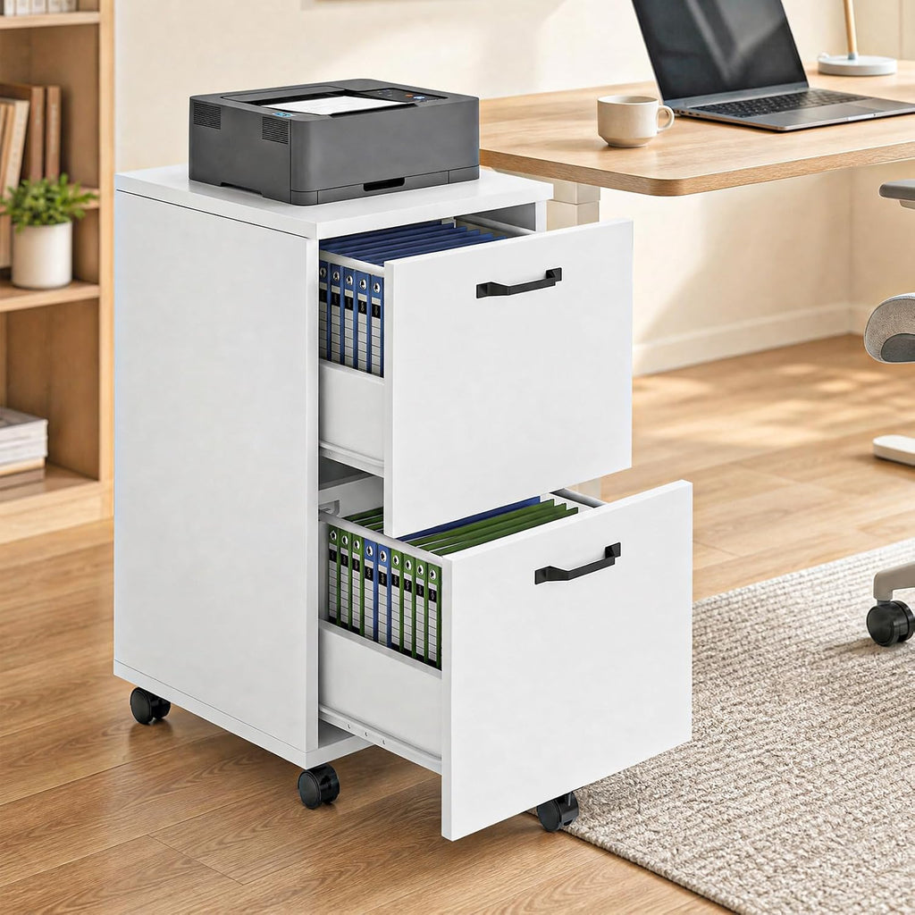 Dumos 2 Drawer Filing Cabinet, Rolling Under Desk Storage, White | Not For Hanging File Folders, Printer Stand, Lockable Wheels, Mobile Wood Home Office Organizer