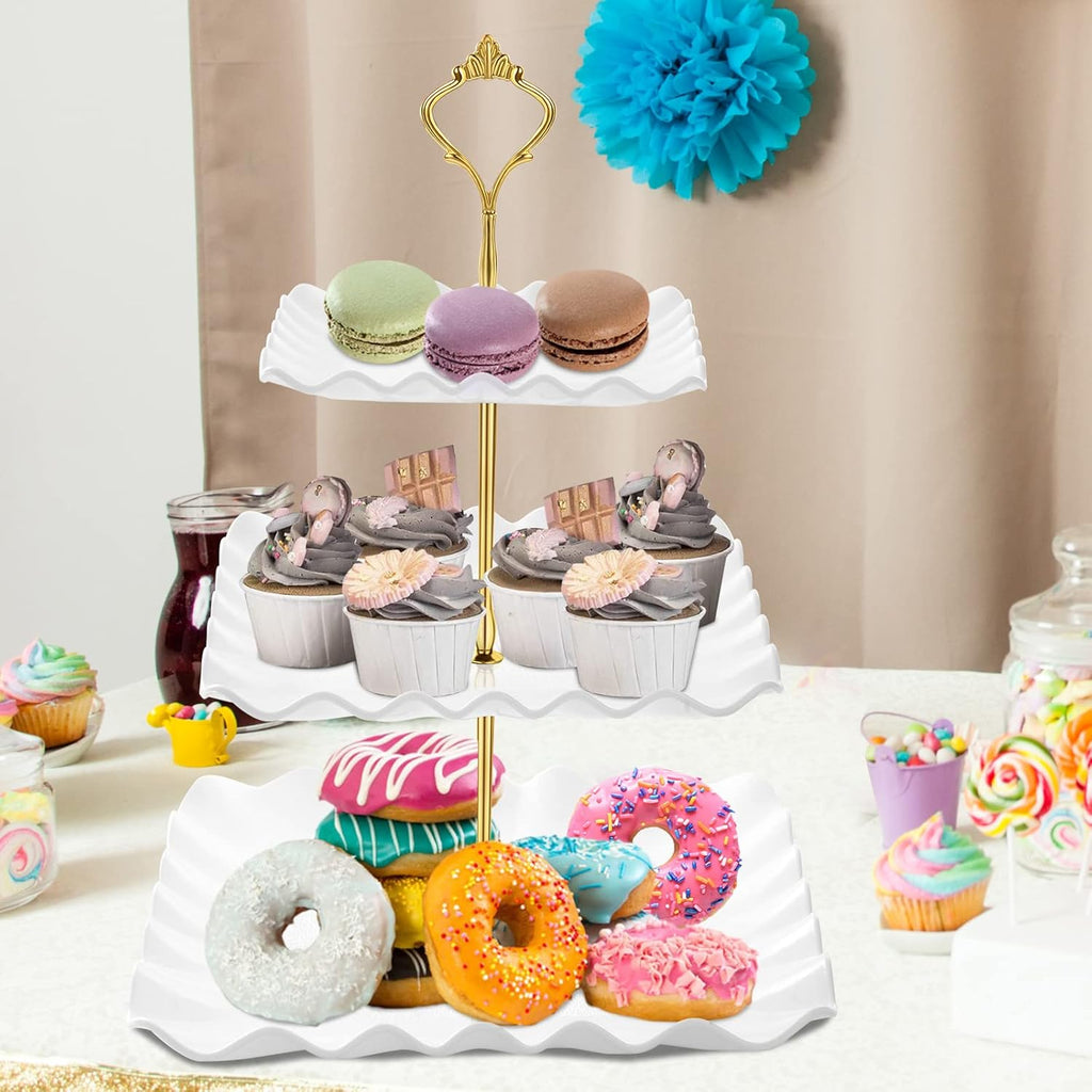 DAFURIET Dessert Cupcake Stand, 3 Tier Cup Cake Holder Tower for Tea Party/Birthday/Wedding, Plastic Tiered Serving Tray with Metal Rod, White