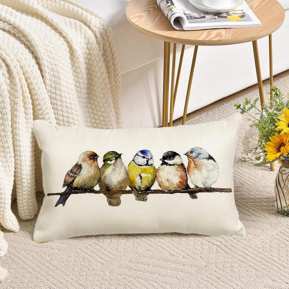 RABUSOFA Watercolor Birds Pillows Decorative Throw Pillows 12x20,Hand-Painted Oil Painting Rustic Birds Lumbar Pillow Cases,Cute Colorful Spring Summer Decorations for Home Couch Sofa Outdoor