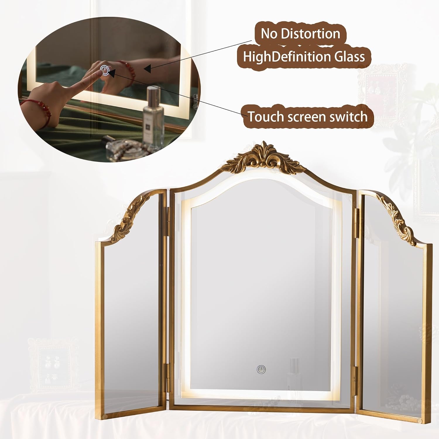 Hsddhome Antique Gold Triple Fold Makeup Mirror With Tri-Color Led Lighting & Dimming, Baroque Carved Arch Vintage Vanity Mirror, Bohemian Decor For Bedroom/Dressing Room, 31X23 Inch