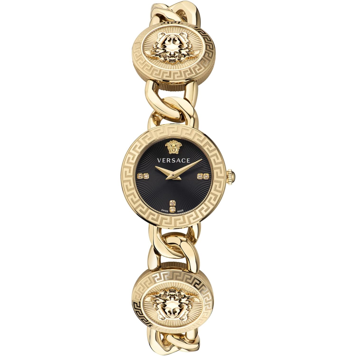 Versace Stud Icon Women'S Watch, 26Mm Ip Yellow Gold Case, Black Sunray Dial, Gold Tone Bracelet, Swiss Quartz Movement, Jewelry Clasp, 3 Atm Water Resistant