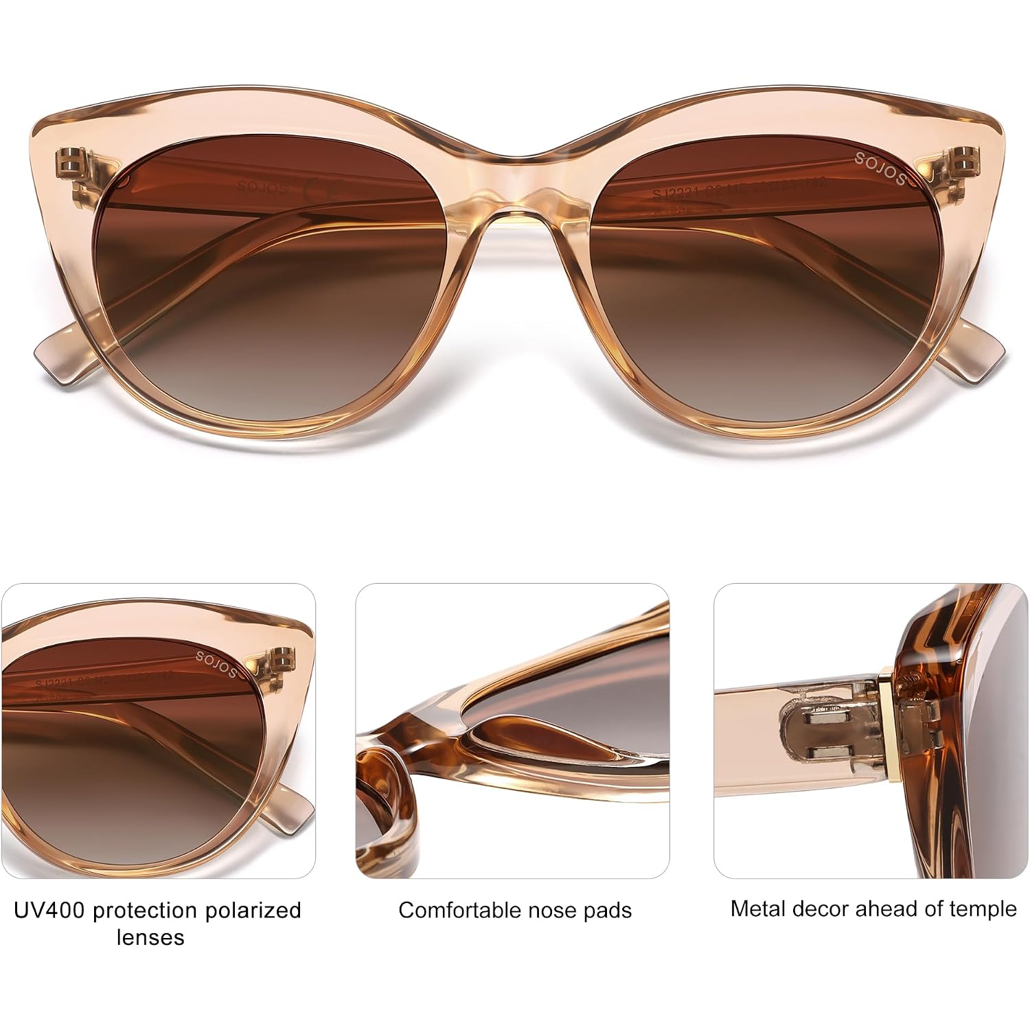SOJOS Trendy Polarized Sunglasses for Women,Retro Cat Eye Womens Sun Glasses SJ2221 Crystal Brown