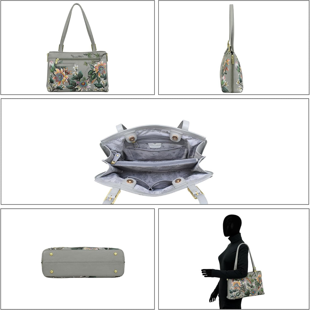 Anuschka Women’S Hand-Painted Genuine Leather Expandable Shopper Tote - Floral Passion
